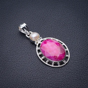 

StarGems Natural Cherry Ruby And River Pearl Handmade 925 Sterling Silver Pendant 1.75" D6433