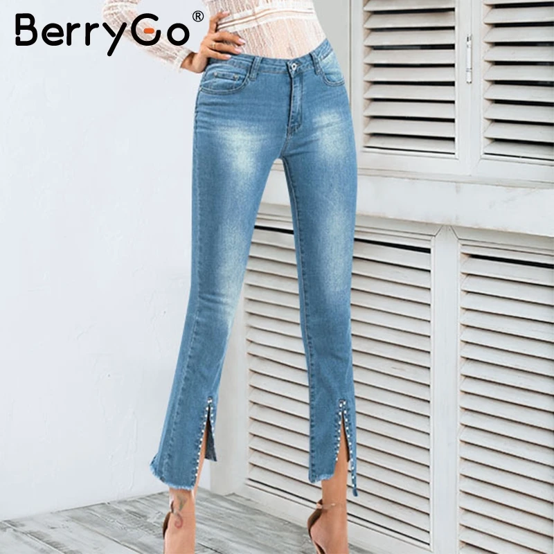 BerryGo, пуш-ап, женские джинсы размера плюс, средняя талия, с вышивкой, расклешенные, джинсовые штаны, пуговицы, карманы, раздельные, для офиса, женские брюки