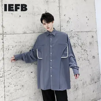 

IEFB /men's wear 2020 Autumn design pocket patchwork oversized long sleeve shirts for male loose long shirt casual tops 9Y3515