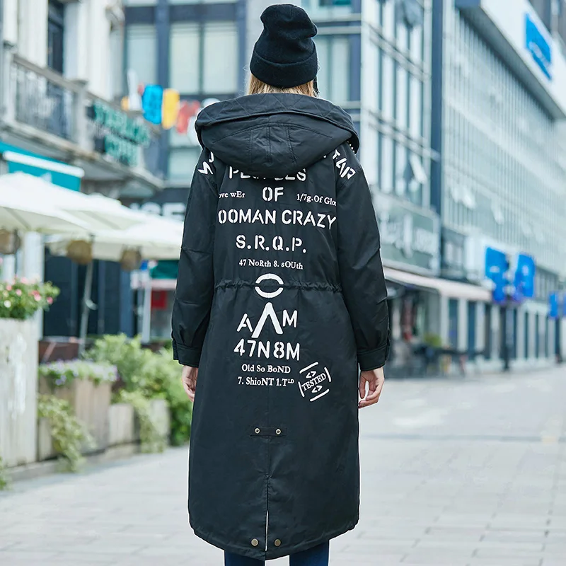 Winter oversized style letters printed rivet beading Duck down coat female Long Warm fluffy down Jacket thick warm Parkas F428