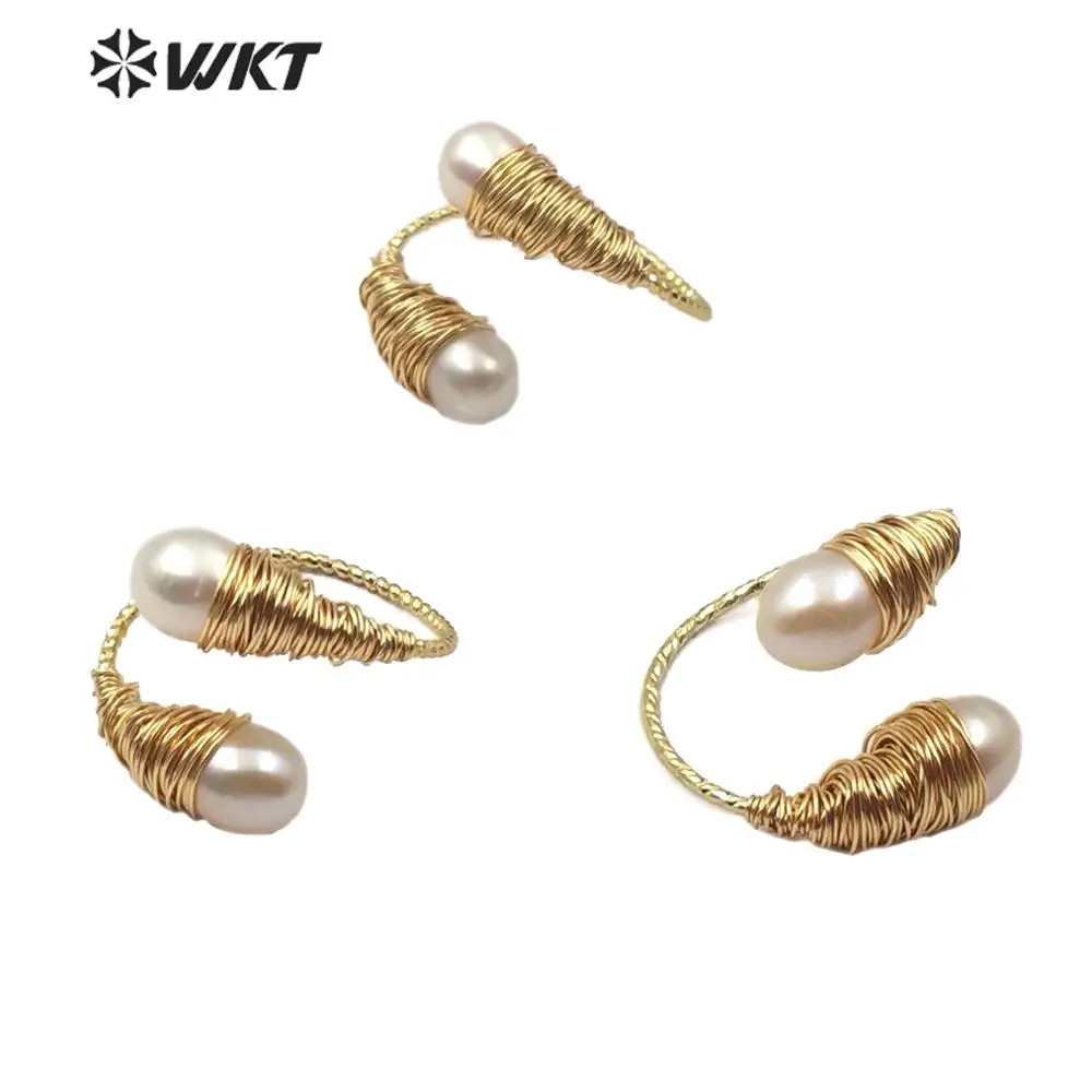 WT-R342 WKT! Кольцо с натуральным жемчугом Золотой гальванизированный провод в оболочке кольцо с двумя жемчужинами Регулируемый Для женщин Ювелирное кольцо с жемчугом
