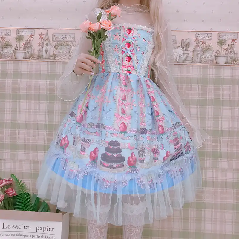 イチゴチョコレートケーキかわいい女性のサスペンダードレスロリータjskワンピースかわいいガールベール層ドレスピンク スカイブルー Dresses Aliexpress
