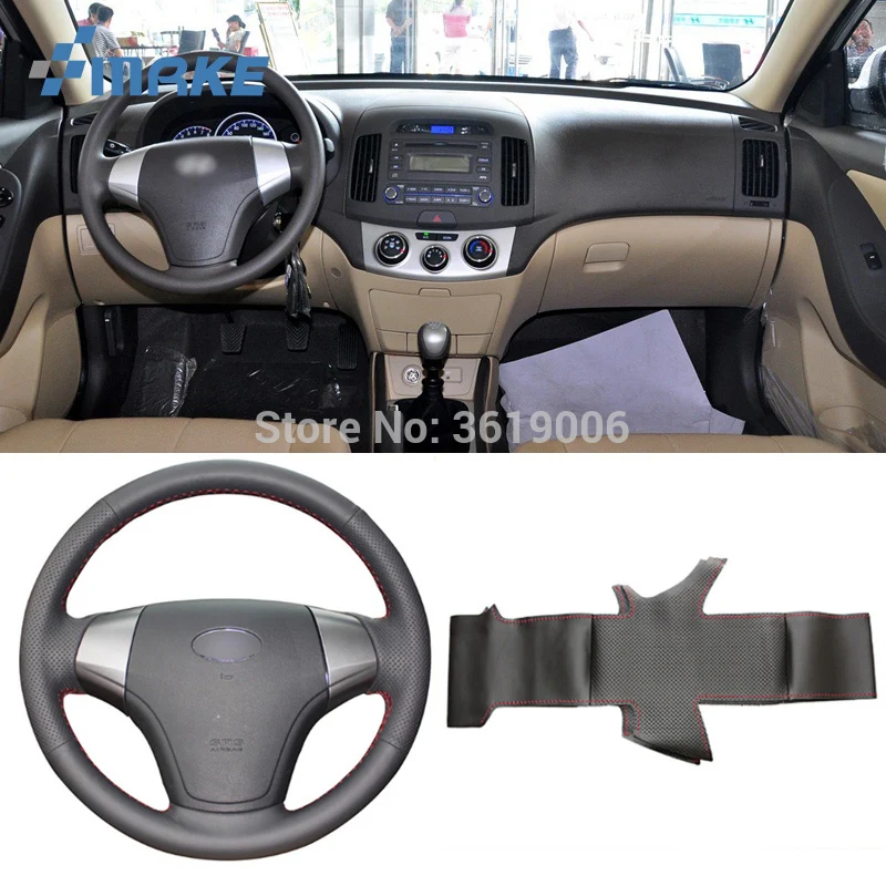 Чехол на руль для Hyundai Elantra 2008-2010 прошитый вручную нескользящий черный кожаный с