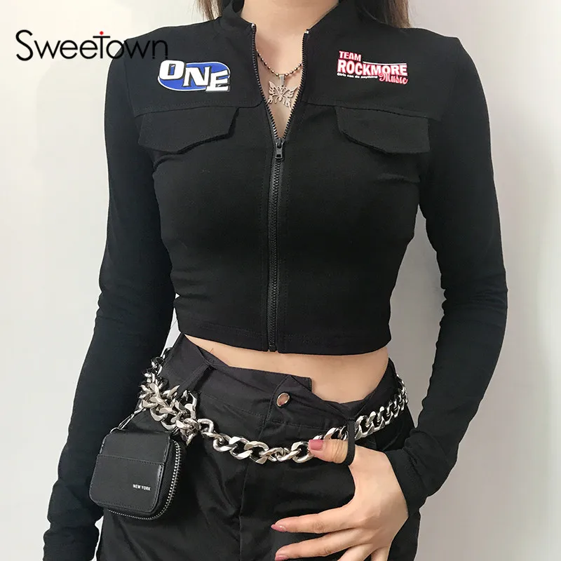 Женская мотоциклетная укороченная куртка Sweetown черная уличная на молнии с