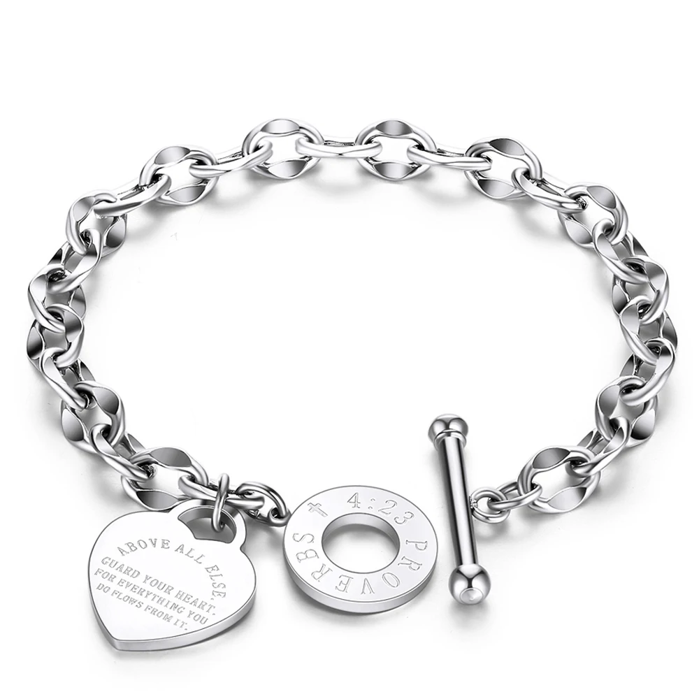 Stainless Steel Love Heart Bracelets For Women Party Gift Fashion Joyas de Chain Charm Bracelets Jewelry Wholesale Text Engraved 