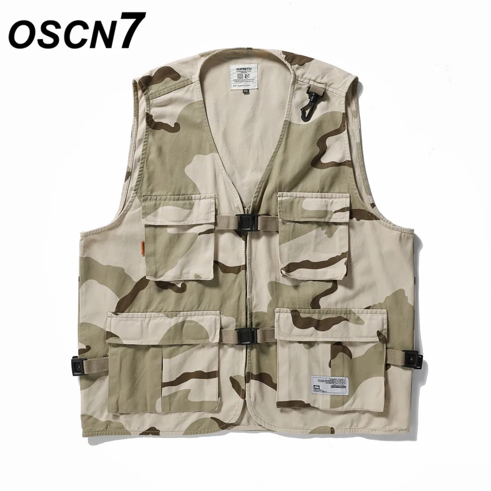 

OSCN7 Solid Colour Cargo Vest Men 2019 Fall Casual Japanese Streetwear Harajuku Pocket Design Sleeveless Vest Men W55