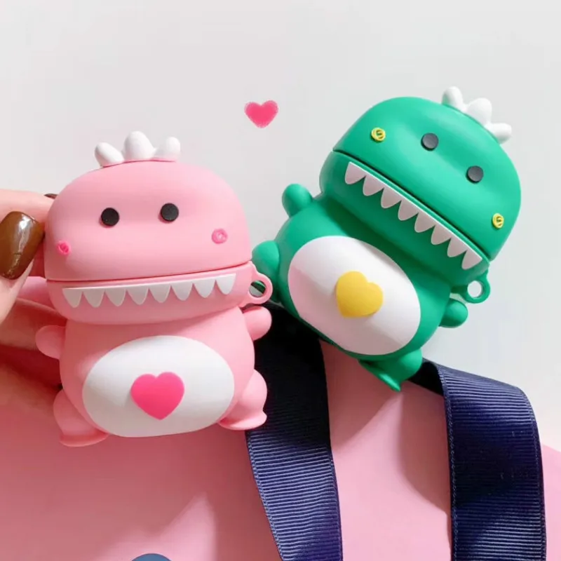 

Case for Airpods Accessories Bluetooth Earphone Case for Airpods 2 Protective Cover Cute Silicone with Keychain Cute 3D Dinosaur