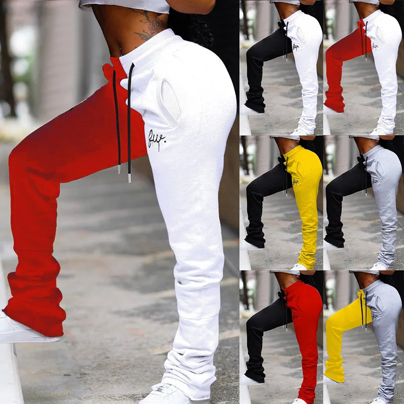 

2020 New Female Stacked Sweatpants Women Drawstring Streetwear Patchwork Colored Pants High Waist Casual Trousers