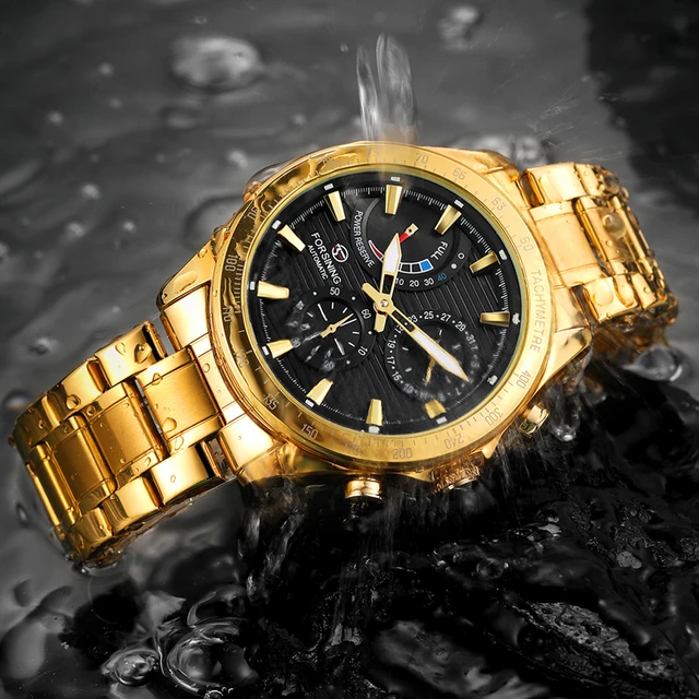 Lüks altın kaplama otomatik saatler su geçirmez erkek mekanik saatler erkek  kol saatleri paslanmaz çelik şerit