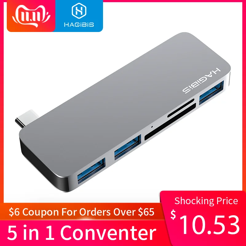 Günstige Hagibis USB C Hub 5 in 1 Typ C zu SD TF Kartenleser USB 3.1 HUB Adapter high speed für MacBook Air Pro Huawei Xiaomi Samsung