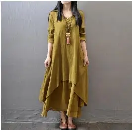 Winter Women Dress Vintage And Elegant Ladies Dresses Two Piece Dress Loose Maxi Cotton And Linen Femme Vestidos Q771