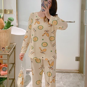 

2019 Spring and Autumn Women's Pajamas Set Cartoon Printed Clothes Plus Size Loose Home Wear Cute Pajamas Soft Pajamas Home Wear