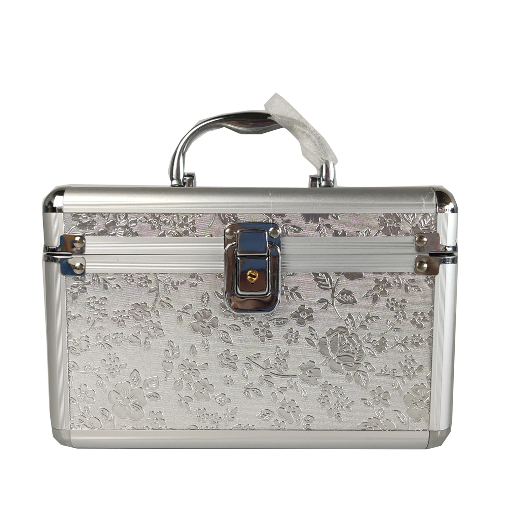 

Sliver Flower Waterproof Makeup Box Women Aluminum Alloy Professional Cosmetic Bag Double Layer Built-in Mirror Toiletries Case