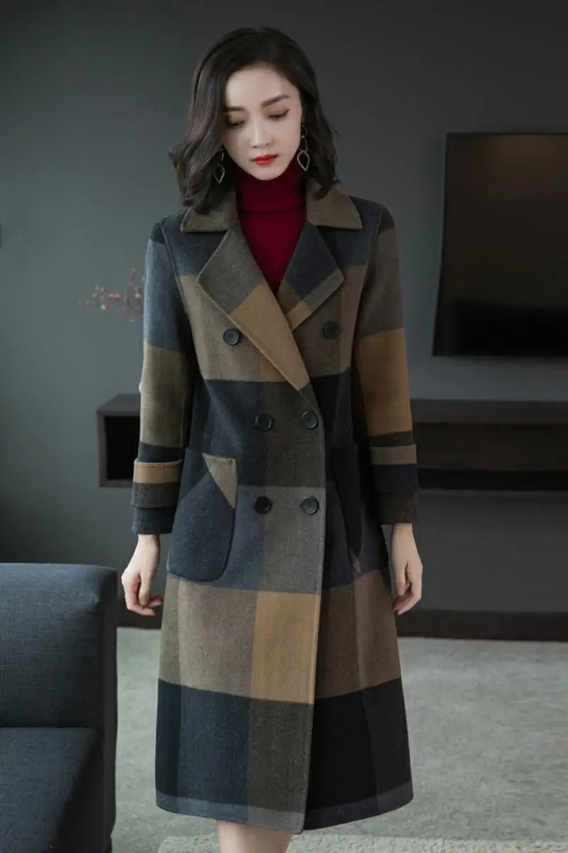 Новое Осеннее Женское шерстяное длинное пальто в клетку популярное шерстяное пальто Верхняя одежда большие клетчатые 8101