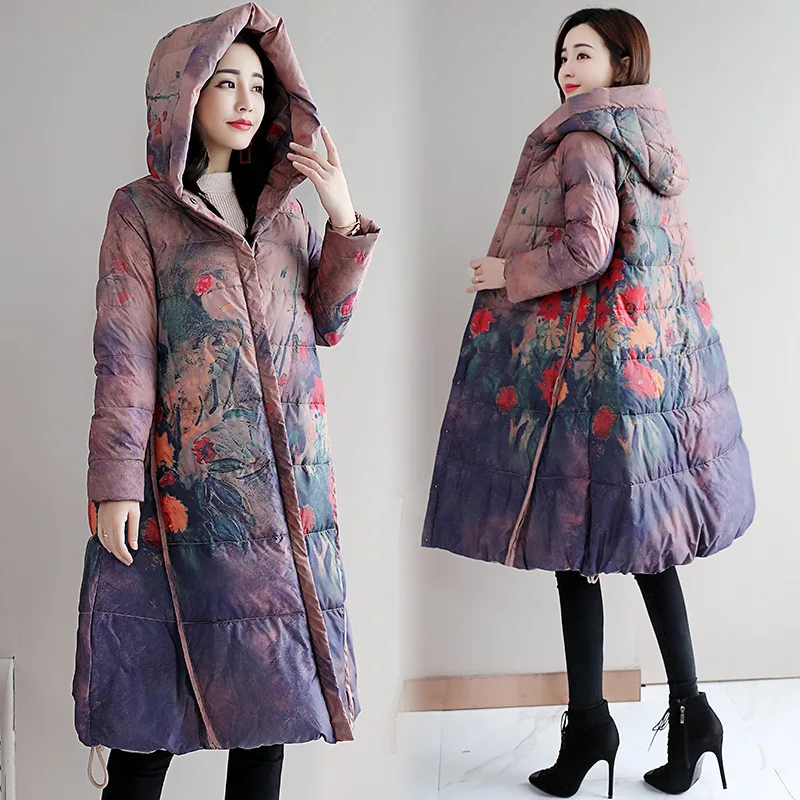 

Cotton-padded Clothes Women's Chinese-style 2019 Winter New Style Retro Floral dou peng xing Ethnic-Style Mid-length Hooded Cott