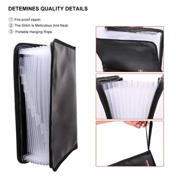 

New Portable Fireproof Water Resistant Document Bag Large Capacity Money File Folder With A4 Size 13 Pockets Zipper Closure