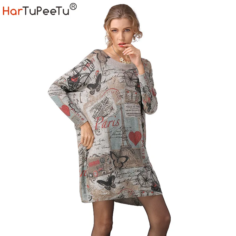 

Batwing Long Sleeve Sweater Women 2020 Autumn Winter Pullover Knit Sweater Dress Oversize Basic Vintage Eiffel Tower Print