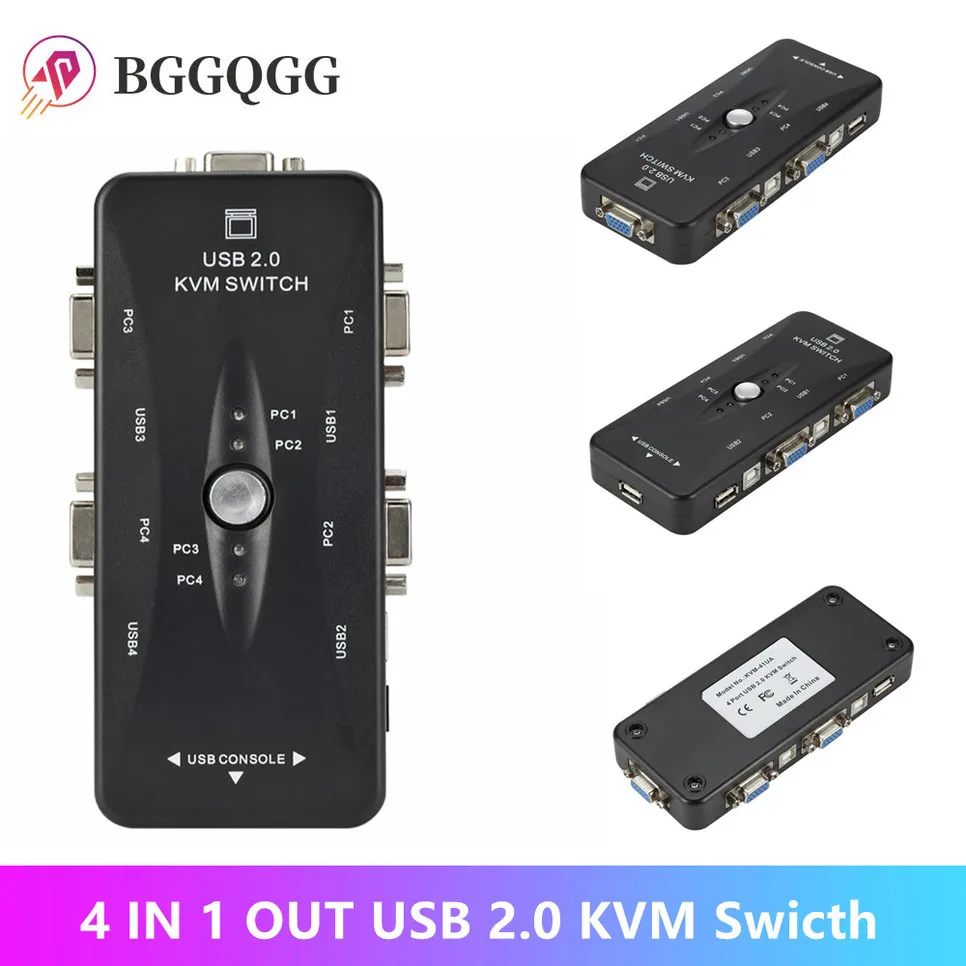 

BGGQGG 4 порта USB2.0 KVM коммутатор для мыши клавиатуры принтера коммутатор 200 МГц 1920x1440 VGA монитор коммутатор коробка адаптер