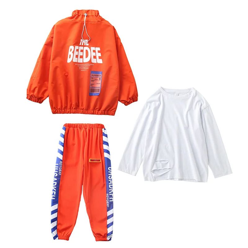 Children Hip Hop Dance Costumes Orange Jacket Hiphop Suit Girls