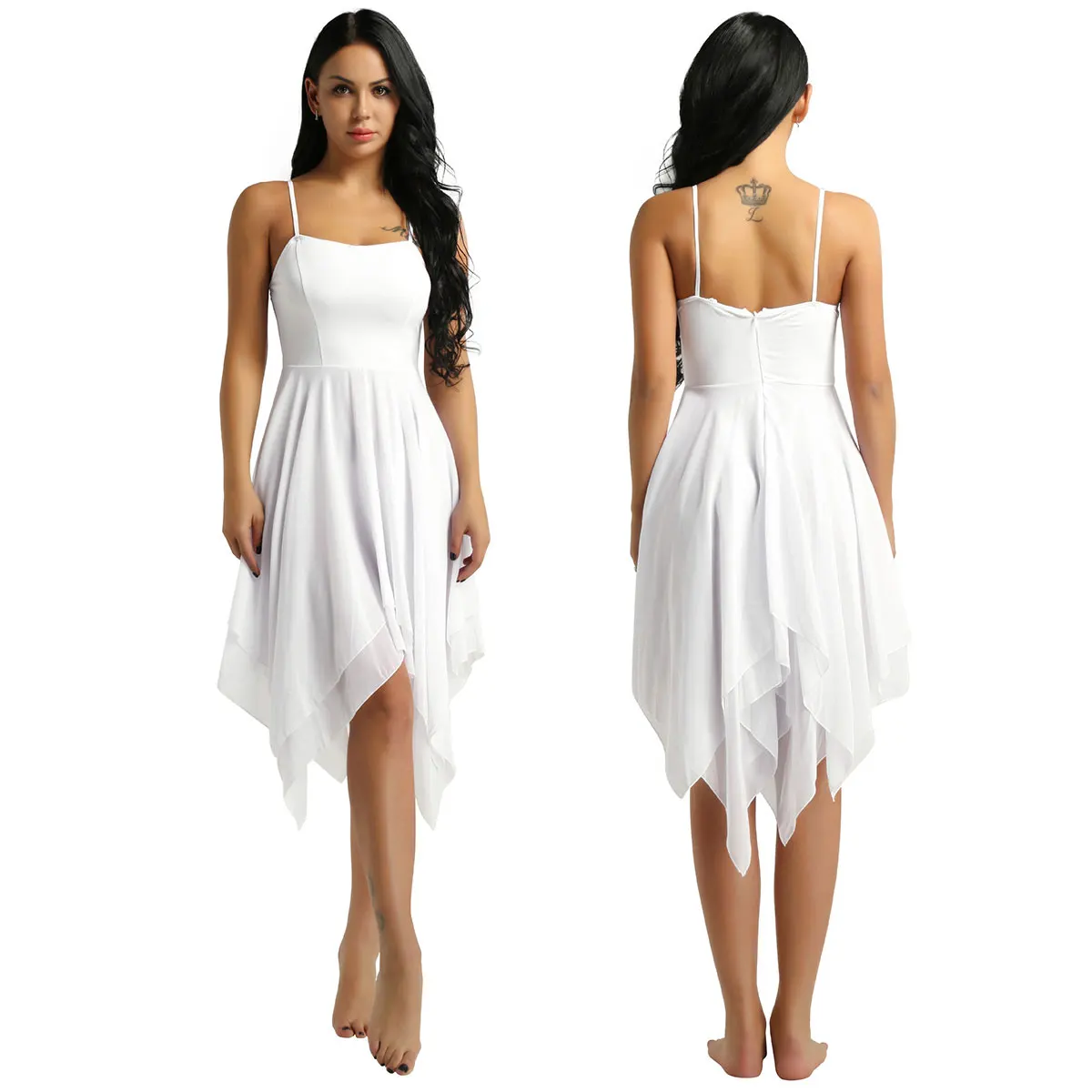 여성 민소매 현대 서정적 댄스 드레스 발레리나 무대 공연을위한 등이없는 비대칭 밑단 쉬폰 발레 드레스