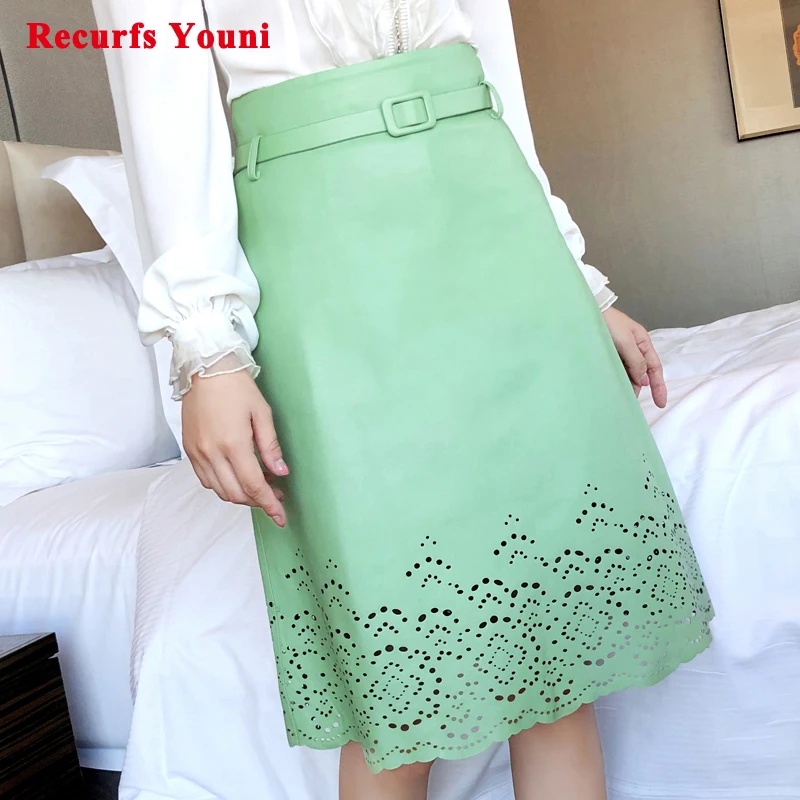 

RYS9349 Winter Genuine Leather Laser Hollow Out Lace Skirt With Belt Femme Retro Green Flowers Midi Saia Mujer Faldas Party