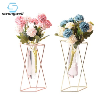 

Strongwell Geometric Hydroponics Glass Tube Vase Metal Shelf Flower Vase Decktop Decoration Planters Artcrafts Home Decoration