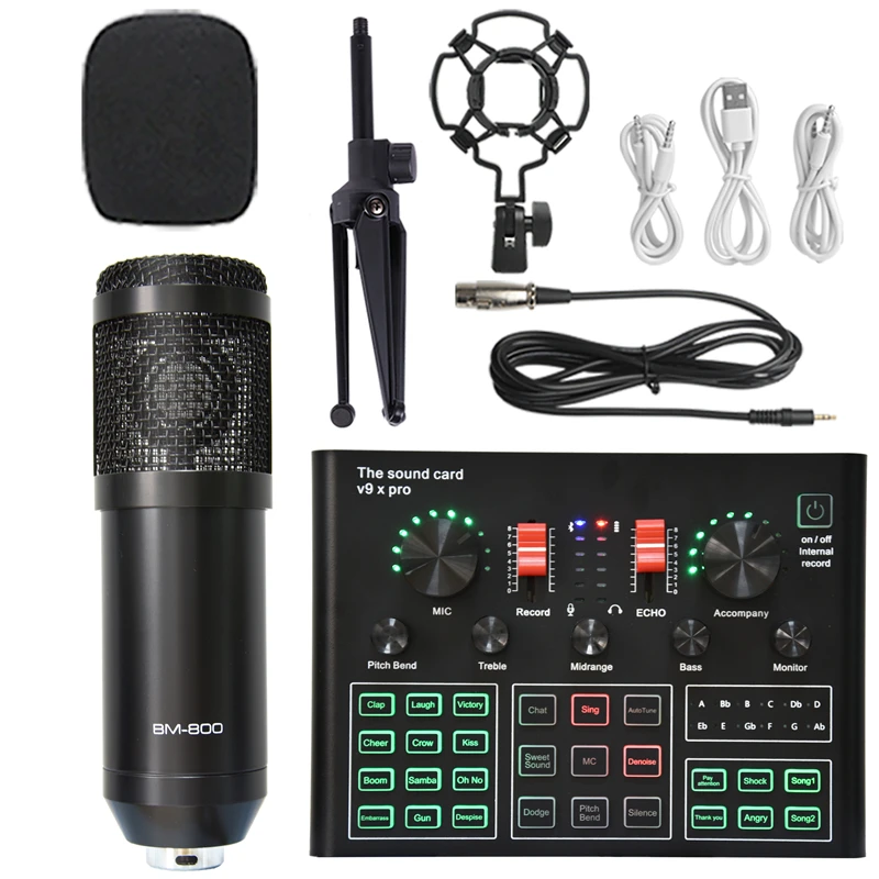 BM 800 Condenser Microphone Sound Card V9XPRO with Ring Fill Light Cantilever Bracket Bluetooth Wireless Live Streaming Kit MIC 