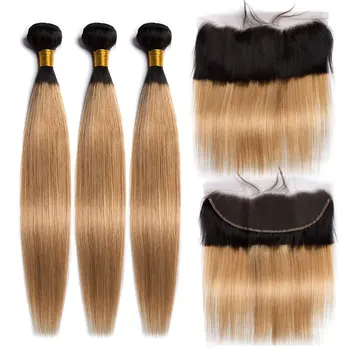 

ALIBELE HAIR Ombre Bundles With Frontal 1B 27 Blonde 13x4 Lace Frontal Closure With Brazilain Straight Remy Human Hair Bundles