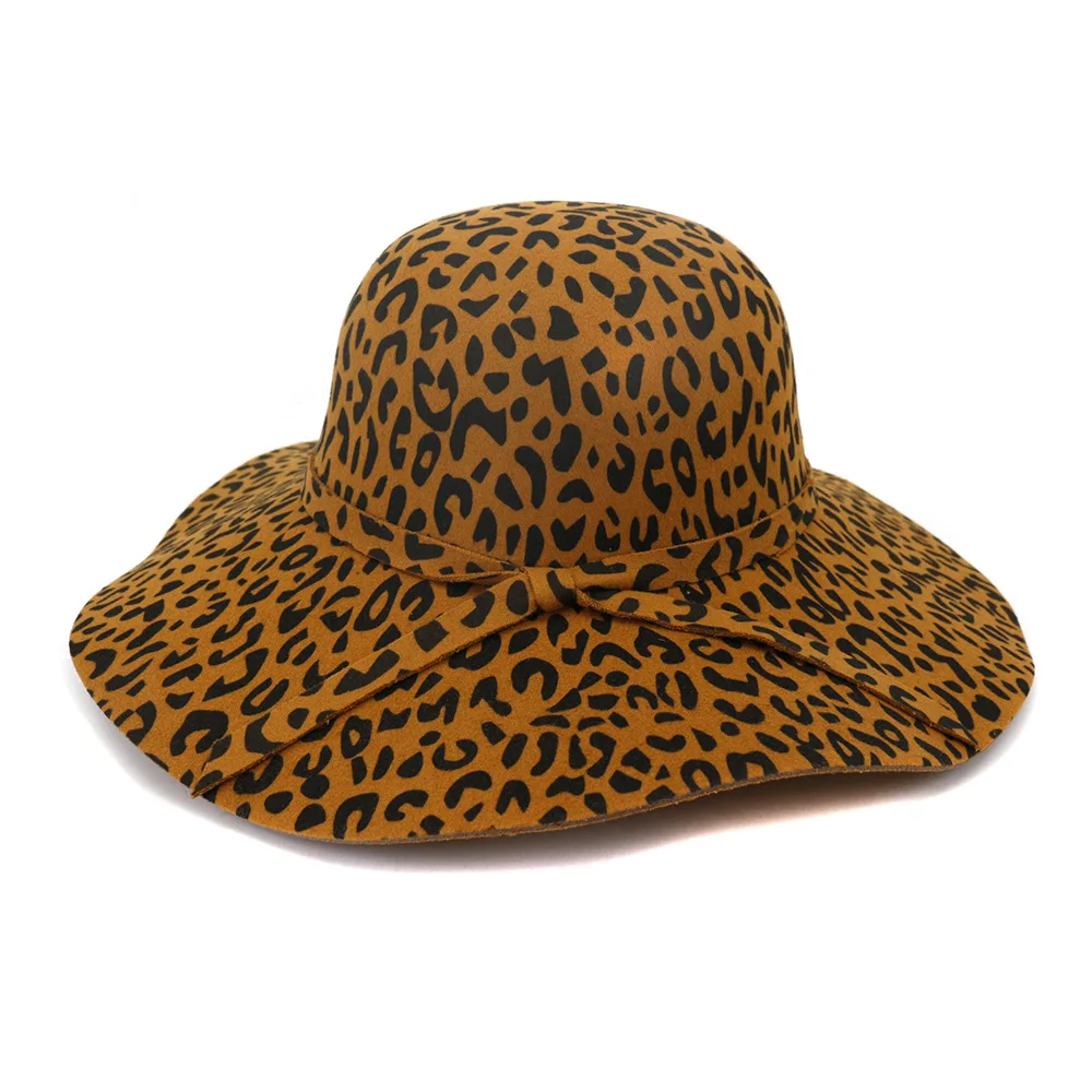 QBHAT Wide Wave Brim Artificial Wool Felt Fedora Hats Leopard Printting Women Floppy Hat Fashionable Female Dress Hat Sun Cap 5