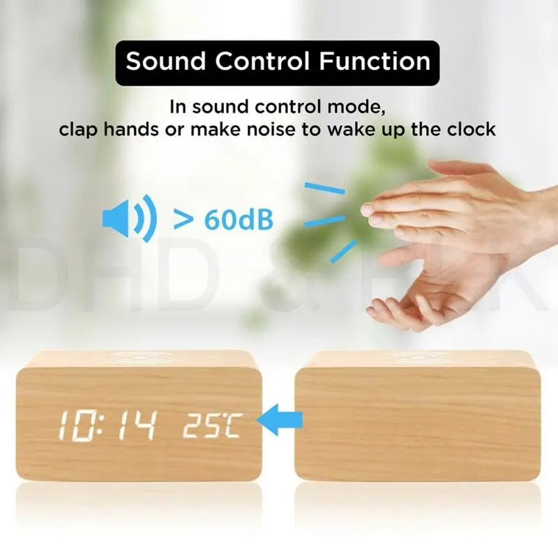 US $20.80 Modern Wooden Wood Digital LED Desk Alarm Clock Qi Wireless Fast Charger For IPhone Samsung Huawei Smart Phone