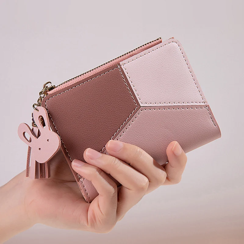 Simple Style Short Wallets Tassel Hit Color PU Leather Coin Purse