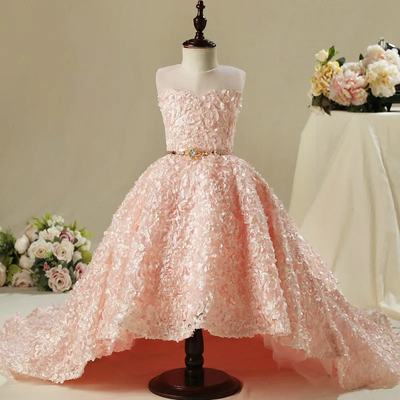 Платье с цветочным узором для девочек; свадебное розовое кружевное платье принцессы с длинным шлейфом; платье для девочек; платье для причастия; детская одежда для дня рождения на заказ