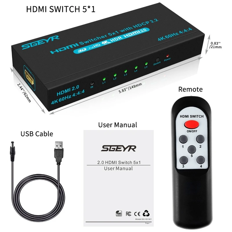 5x1 HDMI переключатель 2,0 4K HDMI адаптер переключатель 5 портов HDR ИК пульт HDMI коммутатор 2,0 HDCP 2,2, Full HD/3D/PS4/DVD/Xbox/проектор