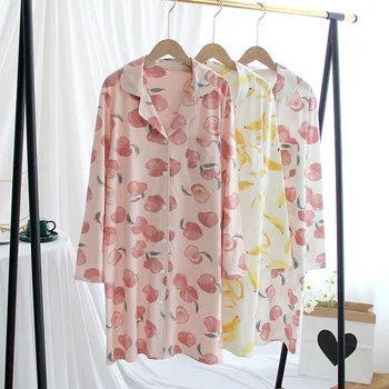 

Spring Autumn Fruit Nightdress Knitted Cotton Sleepwear Ladies Casual Homewear Nightgowns New Women's Sleepwear Loose Underwear