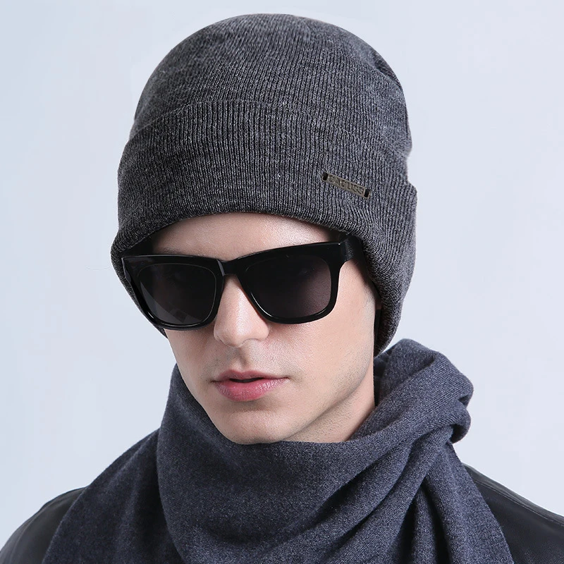 

Hat Men Winter Beanie Warm Cotton Knit Brim Fleece Lining Skiing Outdoor Head Accessory For Male Teenagers