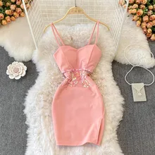  SINGREINY Women Sexy Mini Strap Dress Chic Hollow Sequins Slim Club Party Dress Summer Fashion Korean Streetwear Split Sundress 