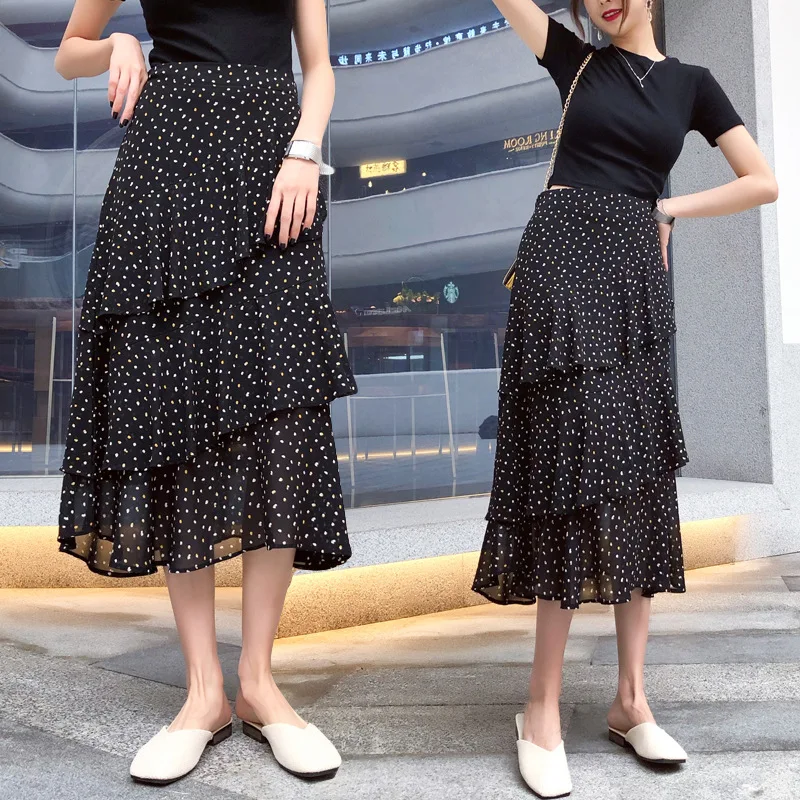 

Cake Dress Children Summer Mid-length Irregular Polka Dot Chiffon Black And White with Pattern