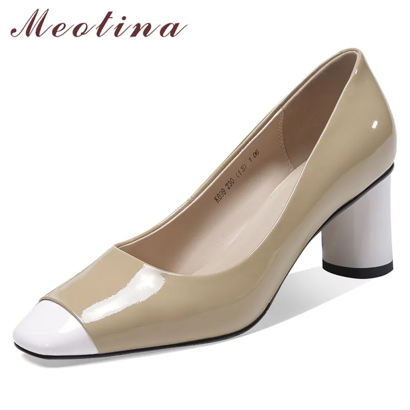 

Meotina High Heels Women Pumps Natural Genuine Leather Round High Heels Shoes Cow Patent Leather Mixed Colors Shoes Lady Size 39