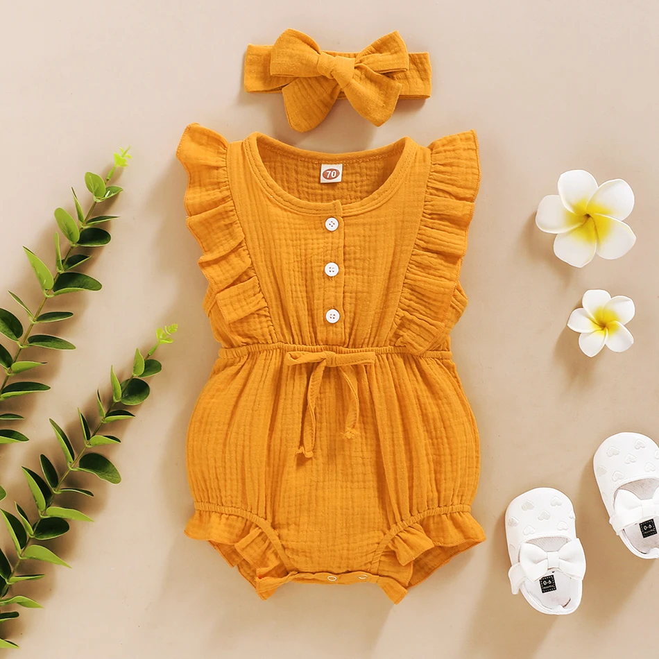 Baby Bodysuits medium Summer Baby Girls Romper + Headband Cotton Linen Ruffles Sleeveless Infant Rompers Newborn Baby Clothes Warm Baby Bodysuits 