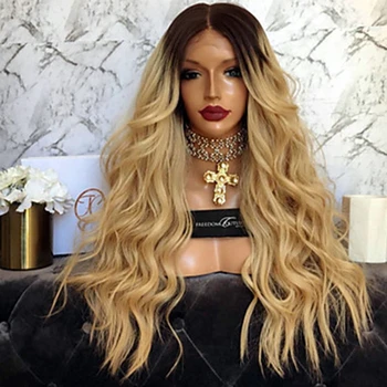 

Ombre Blonde Natural Curly Wavy Synthetic Lace Front Wig for Women Glueless Heat Resistant Fiber Golden Blonde Lace Front Wig