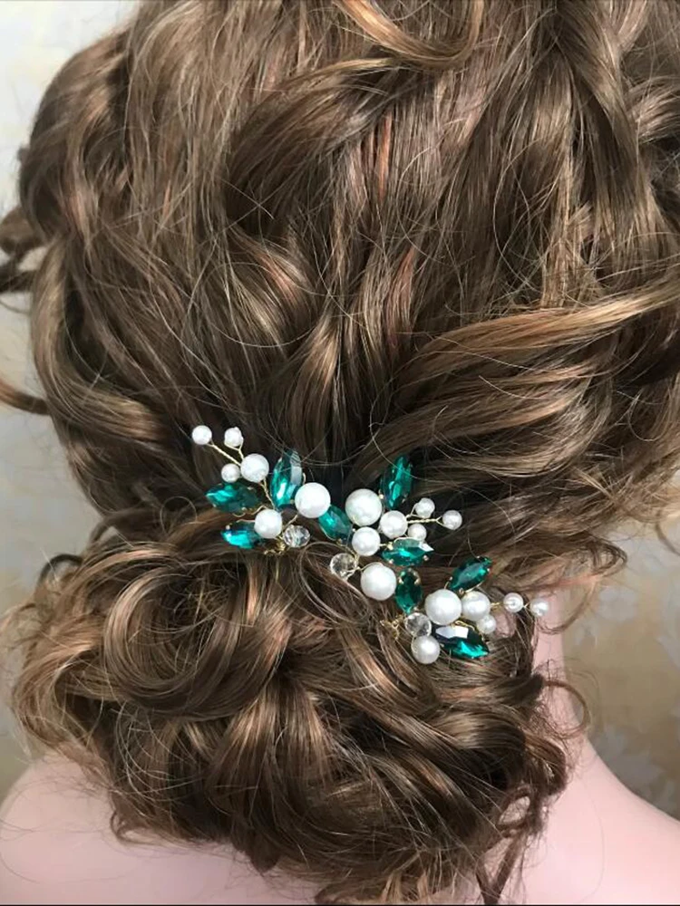 Bohe Blue Green Rhinestone Hair Pins 3PCS Women Headpieces Birde Headdress for Hair Clips Pearls Bridal Wedding Accessories
