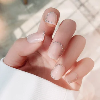 

24pcs/box Small Fresh Short Fake Nails Phototherapy Girls Hands Decorated with Beads High-quality round Head Finished Products