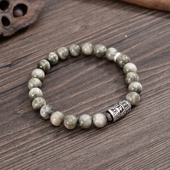 

Grey Eagle Eye Stone Tibetan Buddhist Mantra Totem Charm Bracelets Stretchy Om Mani Padme Hum Yoga Jewelry Beaded Bracelet Round