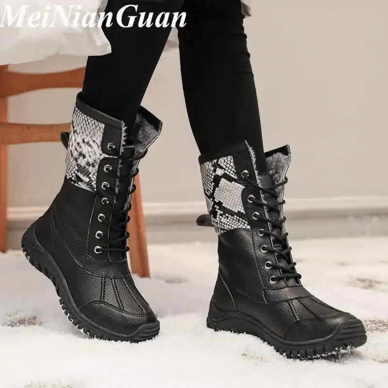 Faux Fur Boots Female Women Shoes Keep Warm Leopard Women's High Boots Fashion Soft Winter Shoes Lace Up Fur Woman Snow Boots N9