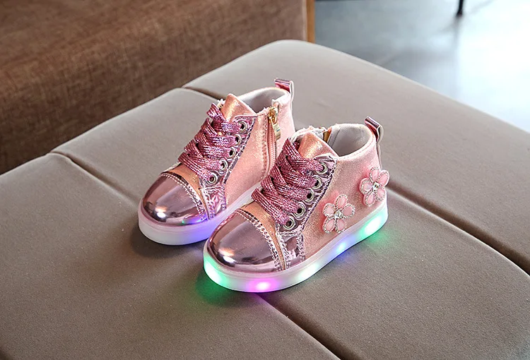 Высококачественная детская обувь; яркий светильник; обувь для девочек с цветочным орнаментом; блестящая обувь золотистого цвета; яркий светильник; обувь для учащихся