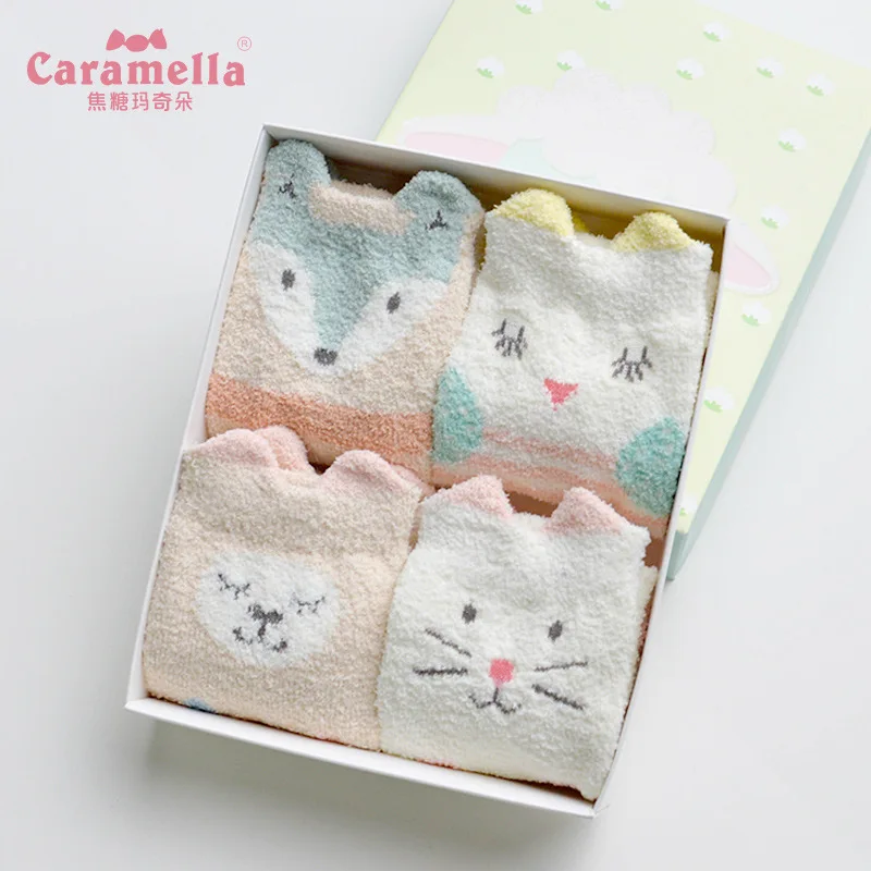 Caramella 4Pairs New Winter Fleece Kids Socks Cute 3D Ear Animal Thick Warm Socks Baby Girl Boy Funny Happy Socks Gift Box Set