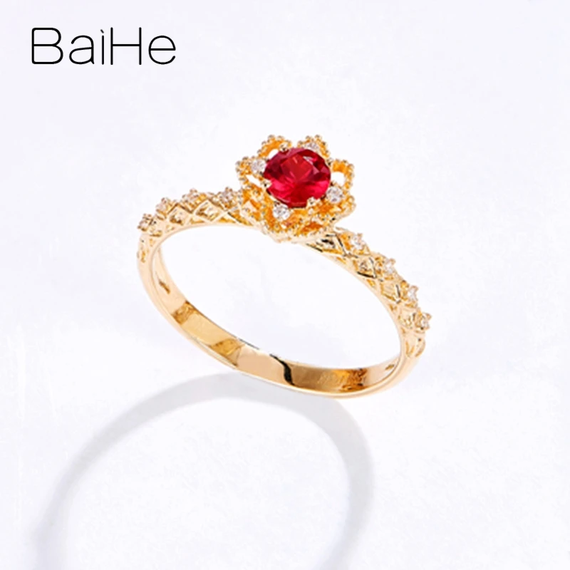 BAIHE Твердое 14 к желтое золото 0.26ct круглый натуральный рубин 0.05ct бриллианты для женщин свадебная мода ювелирные изделия цветок настроить кольцо