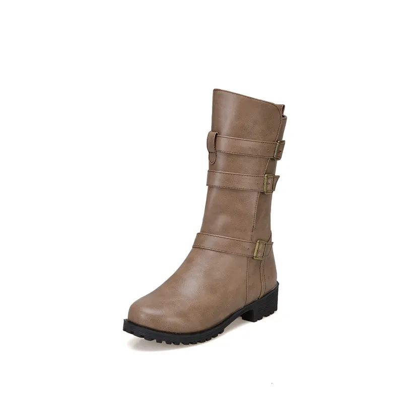 MoonMeek winter keep warm pu leather mid calf boots low heel round toe buckle black comfortable half boots for woman - Цвет: khaki