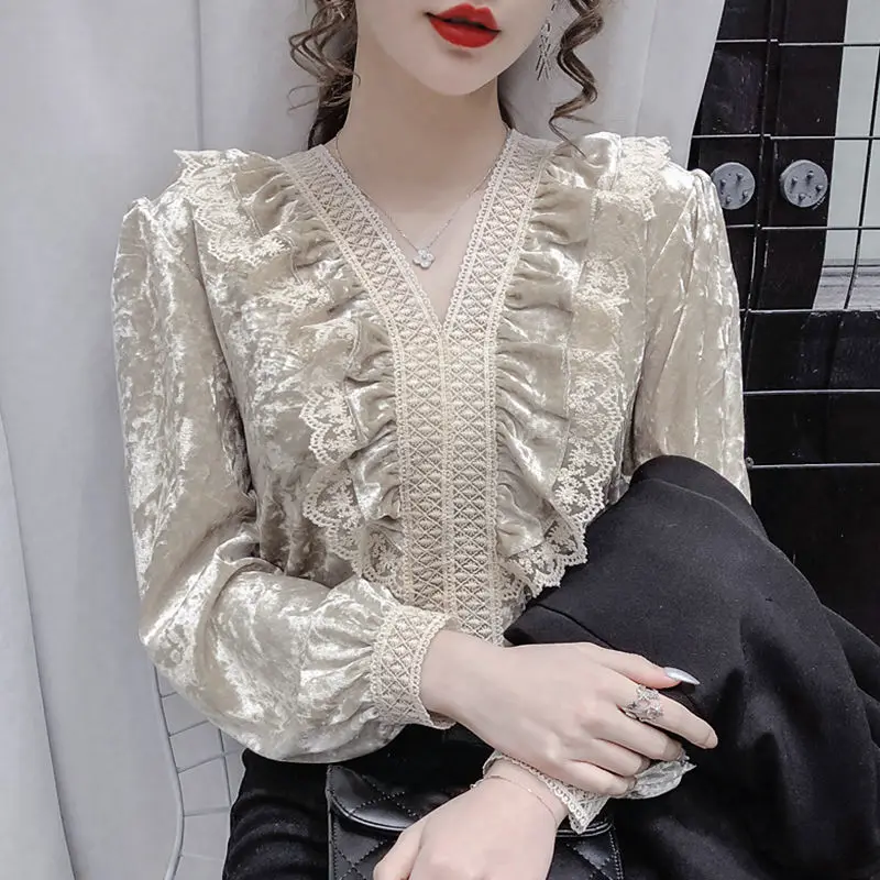 cute blouses Autumn Winter 2020 Lady Blouse Lace V-neck Ruffle Velvet Shirt Women's Loose Slim Joker Long Sleeve Tops Feminine Blusa plus size blouses