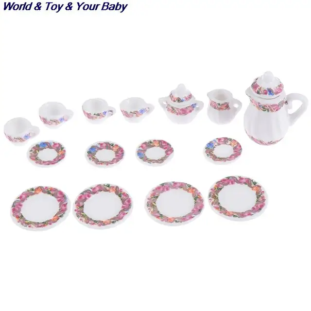 15Pcs 1:12 Miniature Porcelain Tea Cup Set Chintz Flower Tableware Kitchen Dollhouse Furniture Toys For Children 4